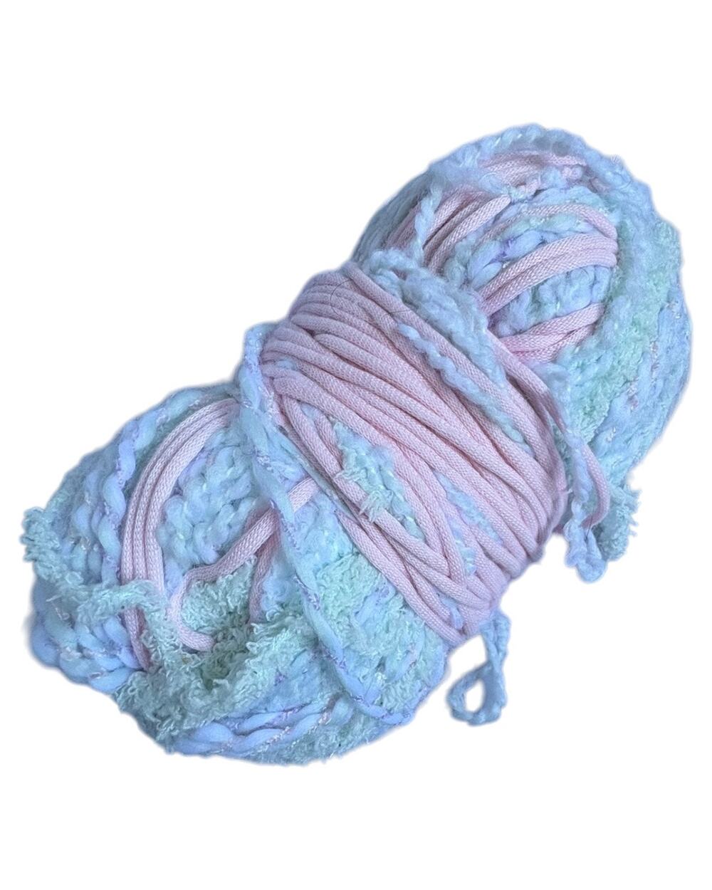 Yarn Destash Pastel Pink Blue Multi-Texture Boucle Tube Novelty Yarn Skein 210g